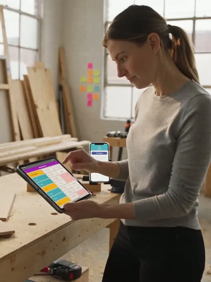 Workshop owner organizing work on a tablet